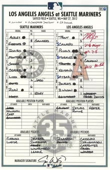 Mike Trout Signed Los Angeles Angels vs Seattle Mariners Game Used Lineup Card Inscribed "2 SB Night #s 7-8, 2012 AL ROY" (MLB Authenticated)